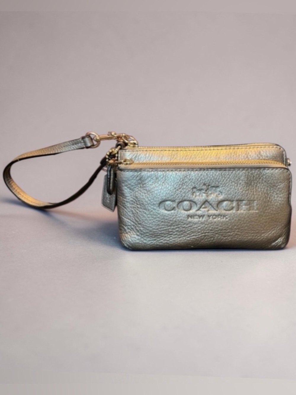 Coach Metallic Taupe/Gold Pebble Leather Double Zip Wristlet w Horse & Carriage